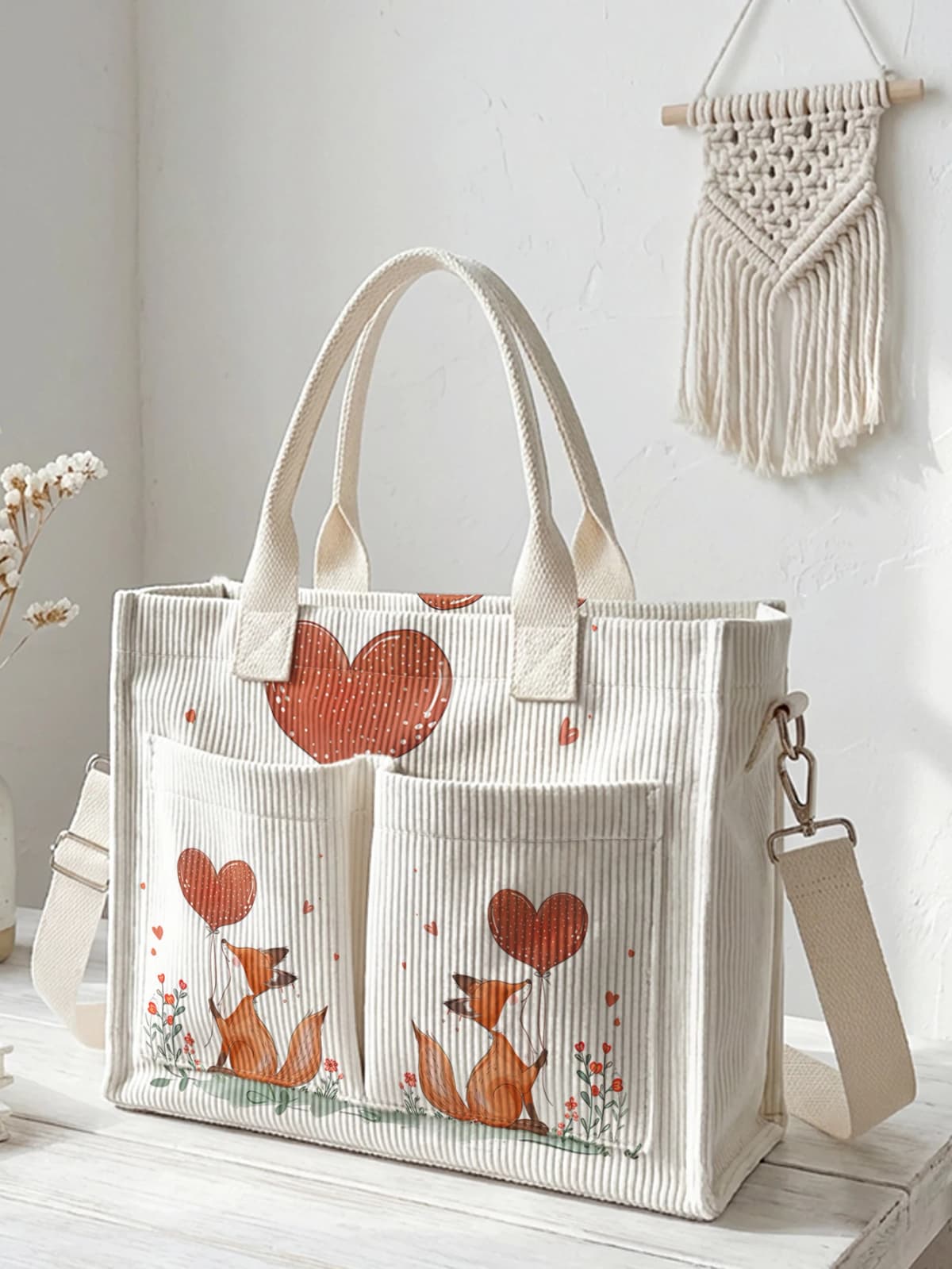 Cute Fox with Heart Balloon Print Corduroy Tote Bag Large Capacity Multi Pocket Girls Commuter Shoulder Bag