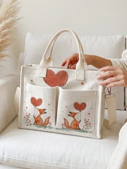 Cute Fox with Heart Balloon Print Corduroy Tote Bag Large Capacity Multi Pocket Girls Commuter Shoulder Bag