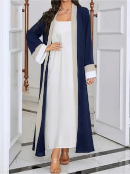 Women's Casual Elegant Ramadan Open-Neck Long-Sleeved Dress Color-Block Slim-Fit Extra-Long Fashionable Muslim Women's Wear
