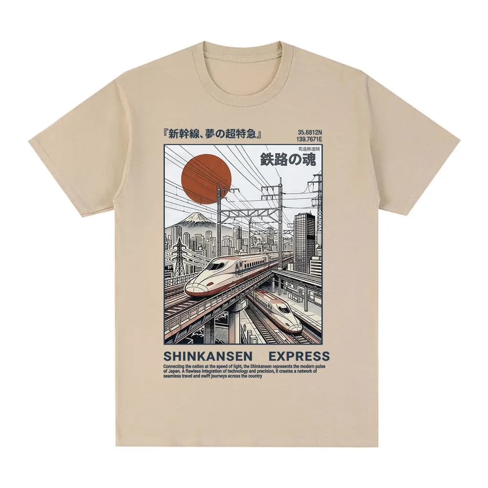 Shinkansen Express Train Illustration T-shirt Retro Japanese Style Rail Vintage Poster T shirt Short Sleeve Cotton Casual Tshirt
