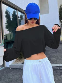 Women Slash Neck Long Sleeve T-shirt Casual Solid Drop Sleeves Off Shoulder Crops Tees Elastic Loose Streetwear Club T-Shirts