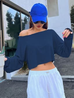 Women Slash Neck Long Sleeve T-shirt Casual Solid Drop Sleeves Off Shoulder Crops Tees Elastic Loose Streetwear Club T-Shirts