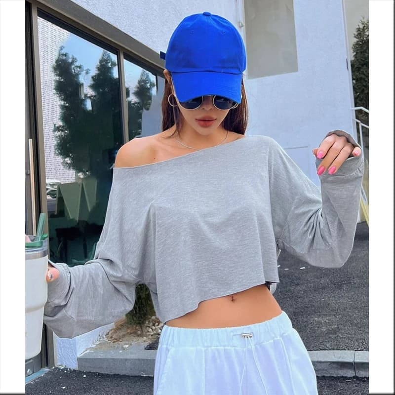Women Slash Neck Long Sleeve T-shirt Casual Solid Drop Sleeves Off Shoulder Crops Tees Elastic Loose Streetwear Club T-Shirts