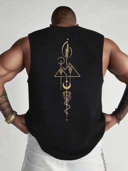 100% Pure Cotton Men's Summer Fashionable Casual Sports Loose Geometric Pattern Printed Breathable Round Neck Sleeveless Vest