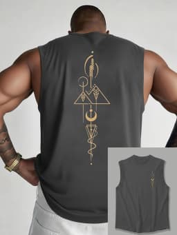 100% Pure Cotton Men's Summer Fashionable Casual Sports Loose Geometric Pattern Printed Breathable Round Neck Sleeveless Vest