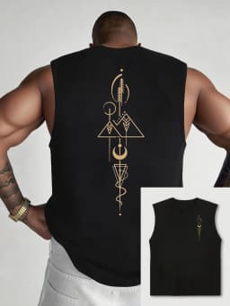 100% Pure Cotton Men's Summer Fashionable Casual Sports Loose Geometric Pattern Printed Breathable Round Neck Sleeveless Vest