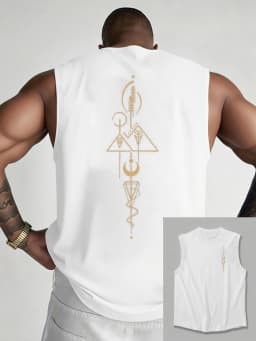 100% Pure Cotton Men's Summer Fashionable Casual Sports Loose Geometric Pattern Printed Breathable Round Neck Sleeveless Vest
