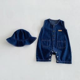 2026 Baby Summer Rompers 3-24M Loose Boys Clothes Thin Toddler One Piece Solid Color Girls Denim Overalls + Hat
