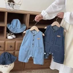 2026 Baby Summer Rompers 3-24M Loose Boys Clothes Thin Toddler One Piece Solid Color Girls Denim Overalls + Hat