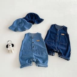 2026 Baby Summer Rompers 3-24M Loose Boys Clothes Thin Toddler One Piece Solid Color Girls Denim Overalls + Hat