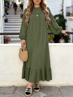 Women’s Spring-Summer Textured Long Sleeve Maxi Dress Round Neck, Ruffle Hem, Loose Fit, Casual Boho Style, Vacation Beach Wear