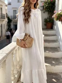 Women’s Spring-Summer Textured Long Sleeve Maxi Dress Round Neck, Ruffle Hem, Loose Fit, Casual Boho Style, Vacation Beach Wear