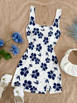 Women's Sexy Vacation Style U-Neck Flower Print Open Back Side Slit Mini Dress for Spring/Summer