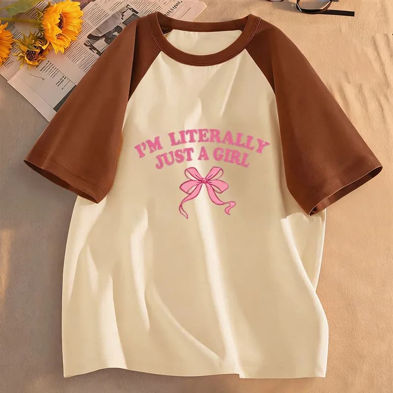 Fashion I'm Literally Just A Girl Bow T-shirt Girls Kids Vintage Style Casual Printed T Shirt Round Neck Short Sleeve Top Tee