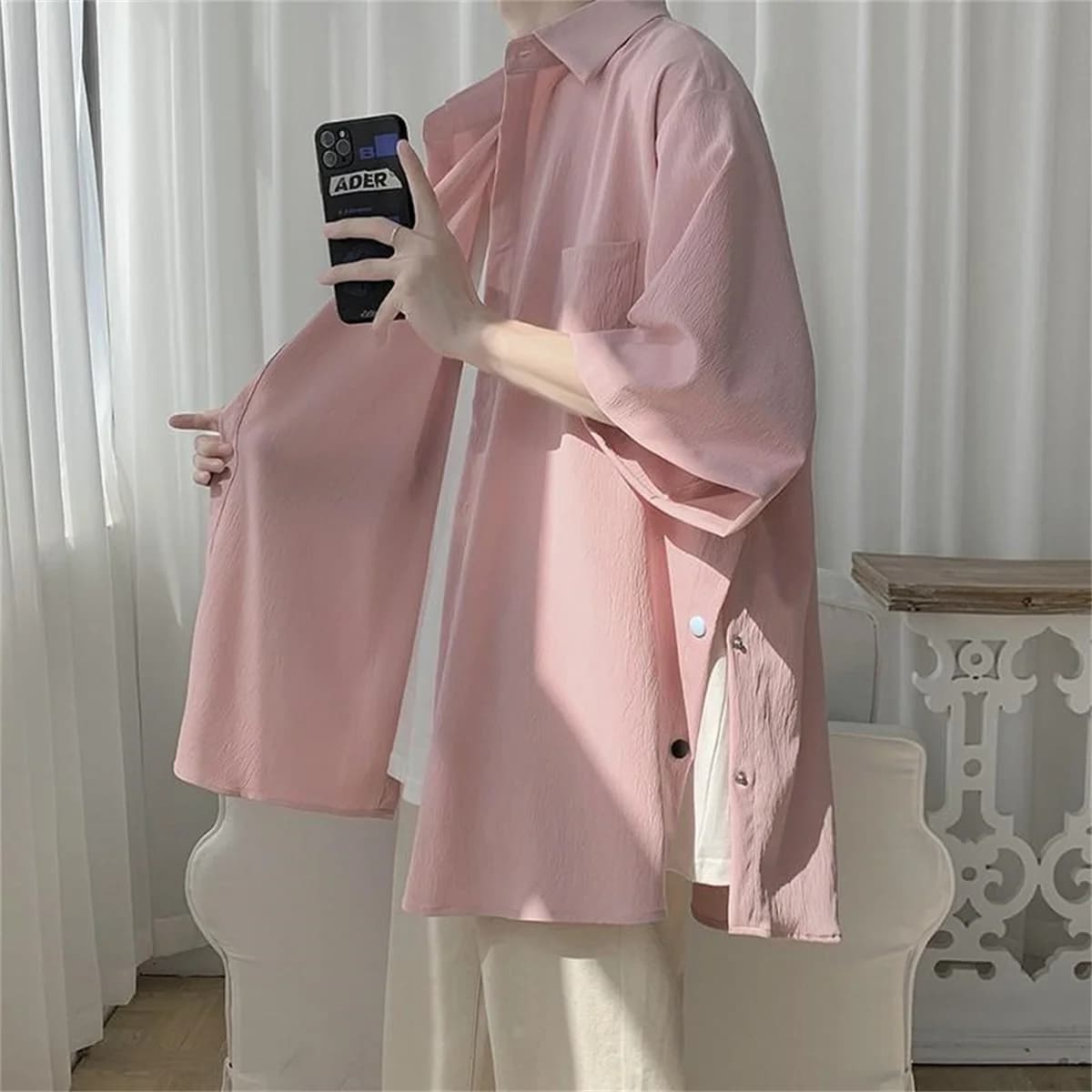 Solid Color Spring Summer Thin Shirts Short Sleeve Loose Turn-down Collar Button Handsome Fashion Casual Street Men's Clothing