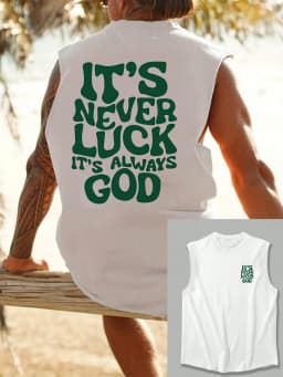100% Pure Cotton Men's Summer Fashionable Casual Sports Loose God Luck Letter Printed Breathable Round Neck Sleeveless Vest