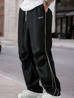 Men's Black & White Line Drawstring Straight Leg Casual Pants Spring Autumn Loose Cargo Style Trousers