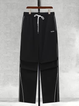 Men's Black & White Line Drawstring Straight Leg Casual Pants Spring Autumn Loose Cargo Style Trousers