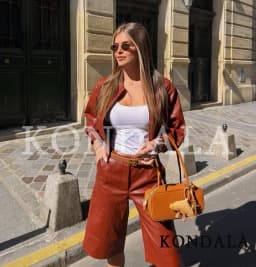 KONDALA Retro High Street Pilot Jacket Shorts Set Woman Casual Trendy PU Leather Jacket, Half Shorts 2026 Spring Cool Girls Set