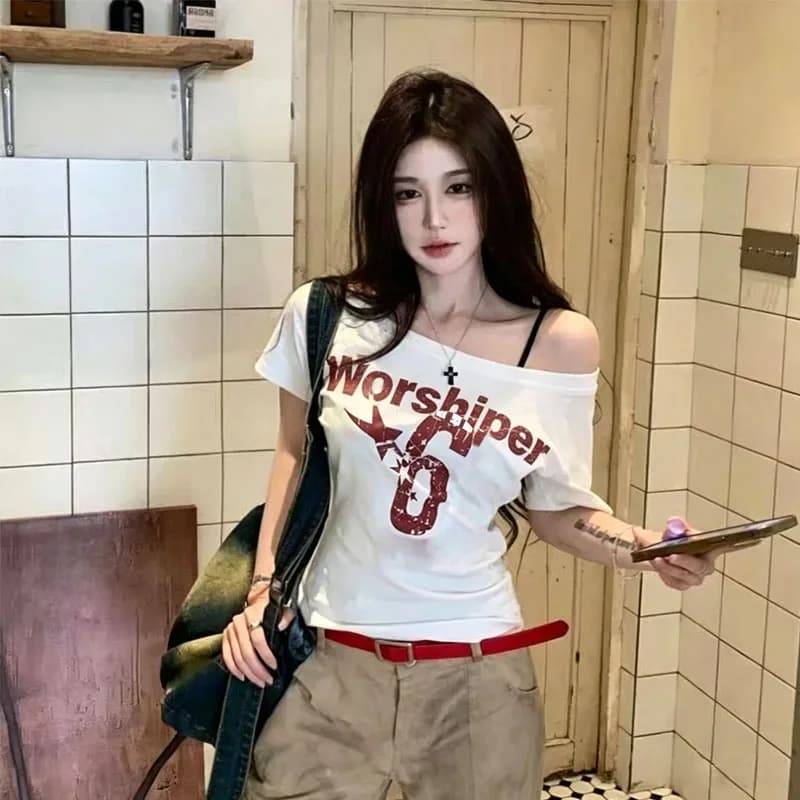 Y2k Sport Summer Off Shoulder Top Women Sexy Vintage 2000s Short Sleeve T Shirt Lady Body Basic Crop Top Female Casual