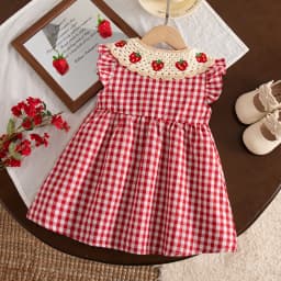 Baby Girl Dresses Summer Cotton Checkered Strawberry Pattern Girls Dresses Sweet Sleeveless Beach Baby Clothing