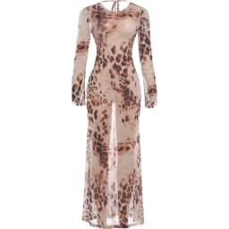 Kliou Sexy See Through Long Dress Woman Leopard Print o-Neck Full Sleeve Cross Bandage Backless High Street Wild Style Vestidos