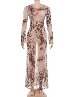 Kliou Sexy See Through Long Dress Woman Leopard Print o-Neck Full Sleeve Cross Bandage Backless High Street Wild Style Vestidos
