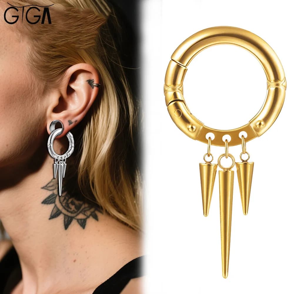 Giga 1/2Pcs 5.5MM Punk Ear Weights Hanger with Dangle Cone Stainless Steel For Ear Stretcher Guages Expander Piercing Jewelry