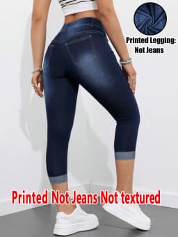 2007 [Printed Pants - Not Denim Fabric] Printed Legging - Not Denim Fabric Women's Imitation Denim Capri Pants Summer Blue