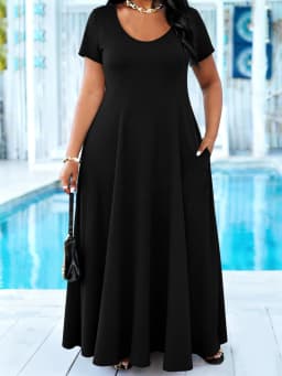 Plus Size Women's Solid Black Maxi Dress Summer Casual Short Sleeve Crew Neck A Line Flowy Long Dress With Pocket Beach dresses