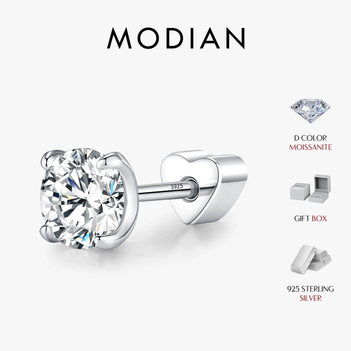 MODIAN 0.5CT D Color Cartilage Studs Moissanite 925 Sterling Sliver Neutral Simple Heart Screw Stud Earrings For Women Jewelry