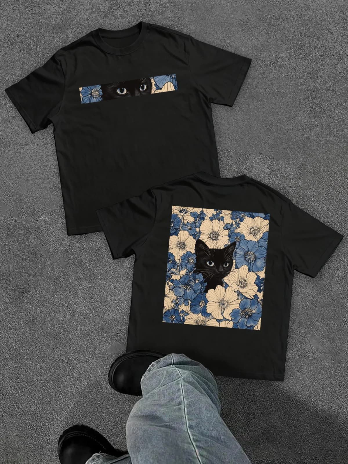 Summer Men's Pure Cotton Vintage Cat Floral Print T-shirt Oversized Loose and Breathable Suitable for Everyday Wear