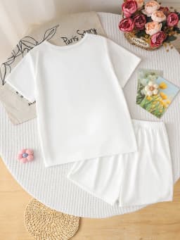 Kids Girls 2 Piece Solid White Short Sleeve T-Shirt & Shorts Set Casual Summer Loungewear Outfit