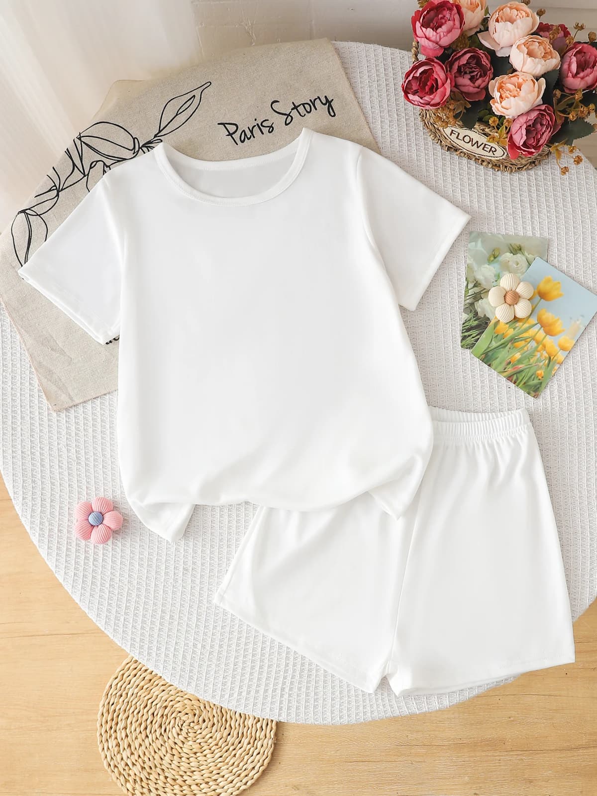 Kids Girls 2 Piece Solid White Short Sleeve T-Shirt & Shorts Set Casual Summer Loungewear Outfit