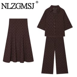 Nlzgmsj 2026 Summer Elegant Brown Embroidered Set V Neck Collared Blouse & High Waist Pants & A Line Skirt Casual Suit for Women