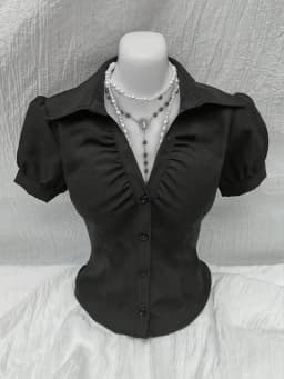Women Shirts Black Short Sleeve Collared Button Down Blouse Tops Shoujo Girl Goth Aesthetic Y2K Harajuku