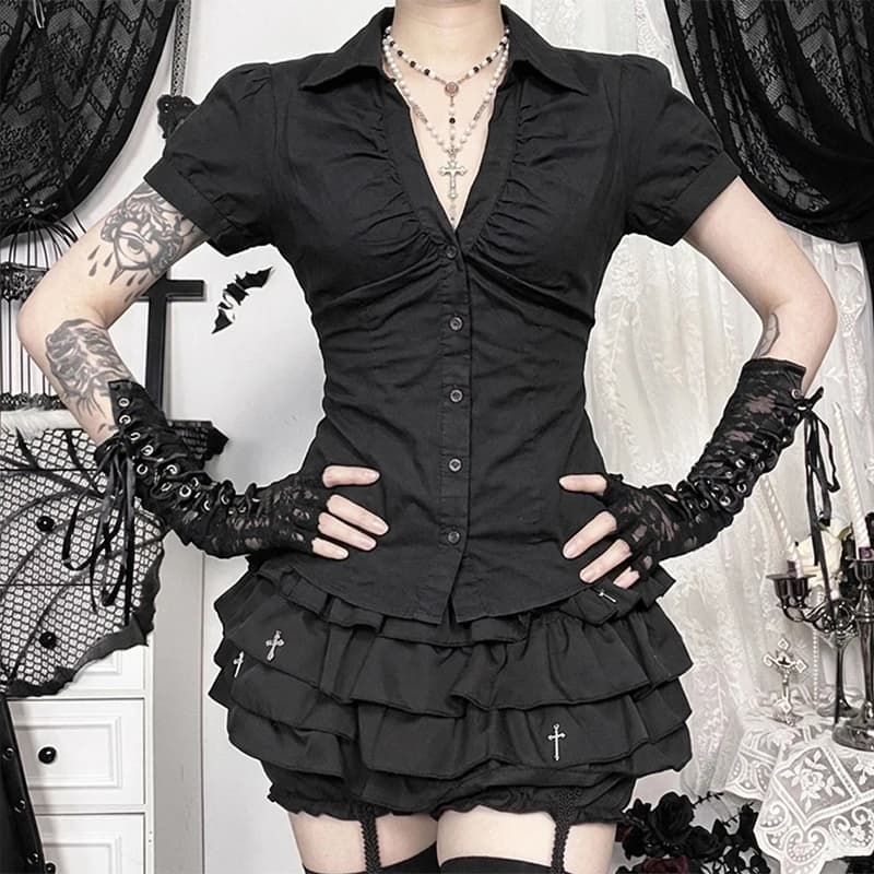 Women Shirts Black Short Sleeve Collared Button Down Blouse Tops Shoujo Girl Goth Aesthetic Y2K Harajuku