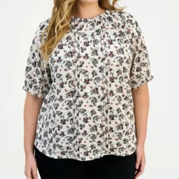 Plus-Size Women's Shirt with Floral Print, Puff Sleeves, Round Neck, Elasticated Cuffs and Neckline, and Draped Decoration on th