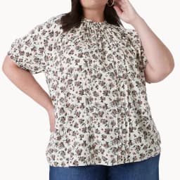 Plus-Size Women's Shirt with Floral Print, Puff Sleeves, Round Neck, Elasticated Cuffs and Neckline, and Draped Decoration on th