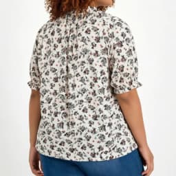 Plus-Size Women's Shirt with Floral Print, Puff Sleeves, Round Neck, Elasticated Cuffs and Neckline, and Draped Decoration on th