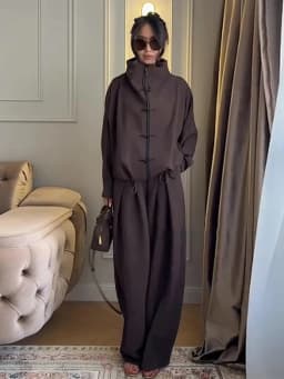 Casual Drawstring Women Outfit Chic Zipper Buttons Long Sleeve Stand Collar Female Coat Drape Wide Leg Pant Loose Streetwear Set
