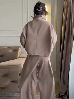 Casual Drawstring Women Outfit Chic Zipper Buttons Long Sleeve Stand Collar Female Coat Drape Wide Leg Pant Loose Streetwear Set