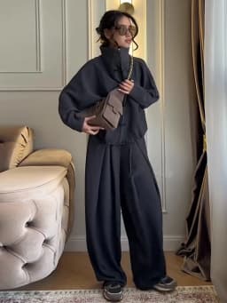 Casual Drawstring Women Outfit Chic Zipper Buttons Long Sleeve Stand Collar Female Coat Drape Wide Leg Pant Loose Streetwear Set