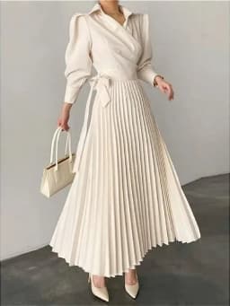 2026 Women Beige Lapel Collar Puff Sleeve Maxi Dress Spring Wrap Waist High Waist Pleated A Line Elegant Party Formal Dress