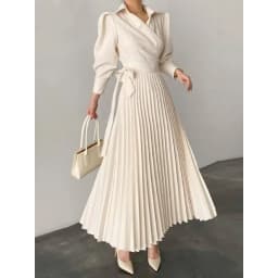 2026 Women Beige Lapel Collar Puff Sleeve Maxi Dress Spring Wrap Waist High Waist Pleated A Line Elegant Party Formal Dress