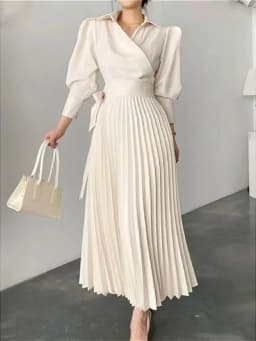 2026 Women Beige Lapel Collar Puff Sleeve Maxi Dress Spring Wrap Waist High Waist Pleated A Line Elegant Party Formal Dress