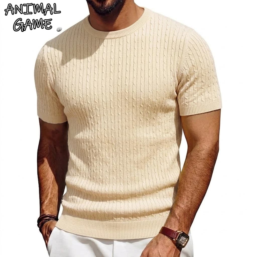 New Short Sleeve Soft Textured Knit Pullover Summer Knit Shirt Casual Tshirts for Men Ribbed Knitwear Crewneck T-Shirts Man Tee