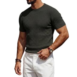 New Short Sleeve Soft Textured Knit Pullover Summer Knit Shirt Casual Tshirts for Men Ribbed Knitwear Crewneck T-Shirts Man Tee