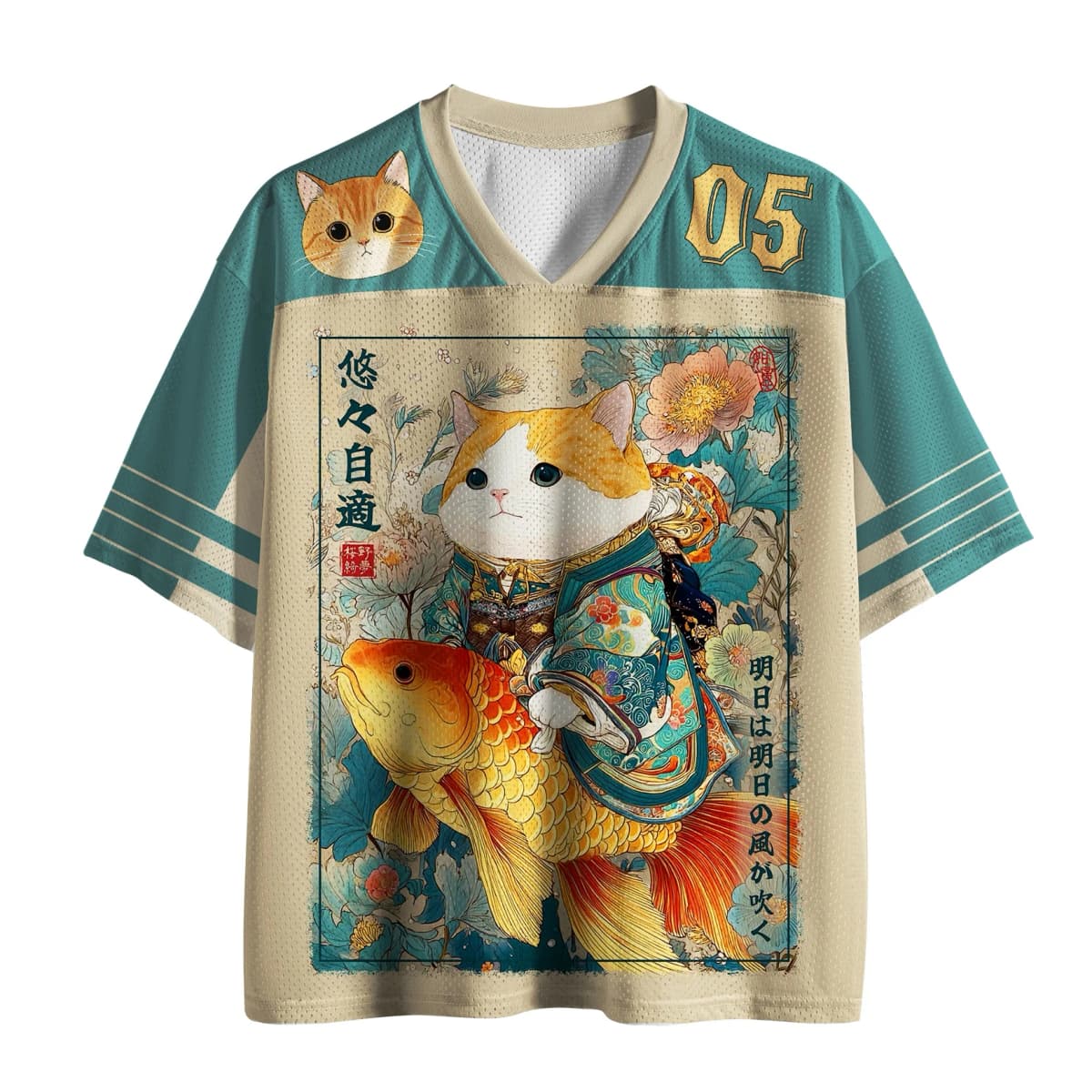 Lucky Cat Koi Fish 3D V-neck T-shirt with Retro Japanese Aesthetics, Oversized Children's and Women's Jerseys, Streetwear Tops