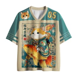 Lucky Cat Koi Fish 3D V-neck T-shirt with Retro Japanese Aesthetics, Oversized Children's and Women's Jerseys, Streetwear Tops